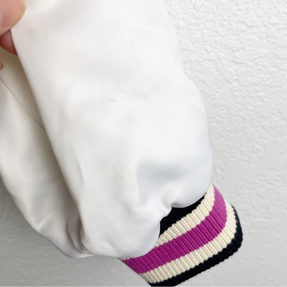 Maje Peacock Embroidered Satin Bomber Jacket White Small Casual Sporty Cropped - Picture 7 of 9